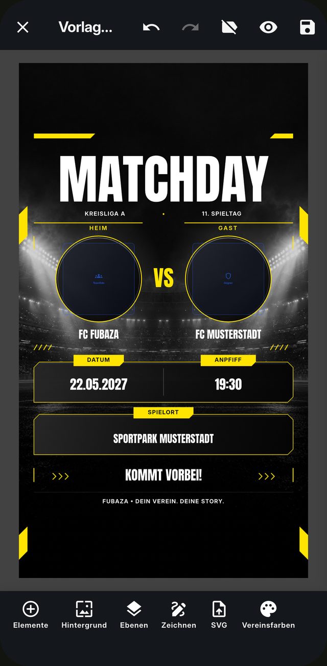 Matchday-Vorlage mit Gegner, Datum und Anstoßzeit im Editor