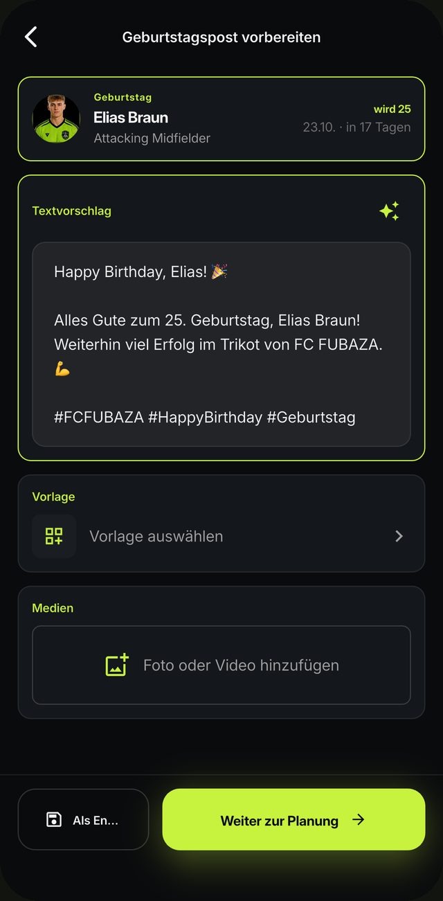 Geburtstagspost vorbereiten mit KI-Textvorschlag